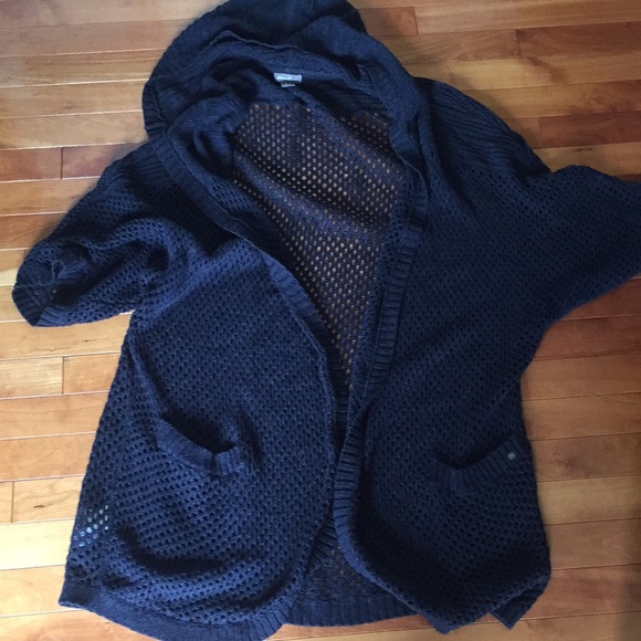 Eddie Bauer L Navy Blue Hooded Crocheted Cardigan - Picture 4 of 4